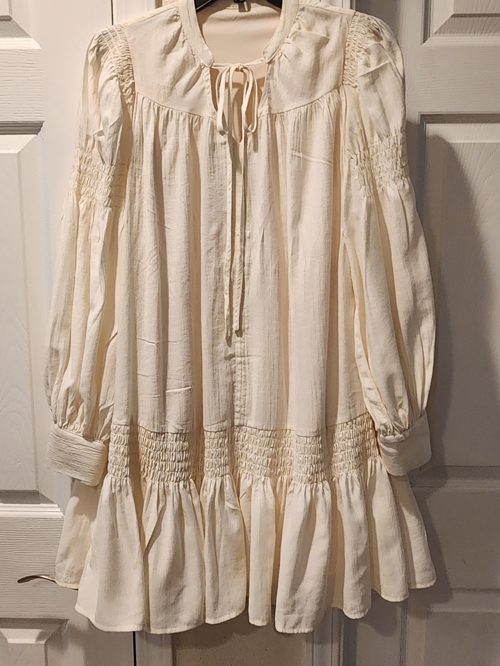 Smocked Tie-Neck Mini Dress in Cream